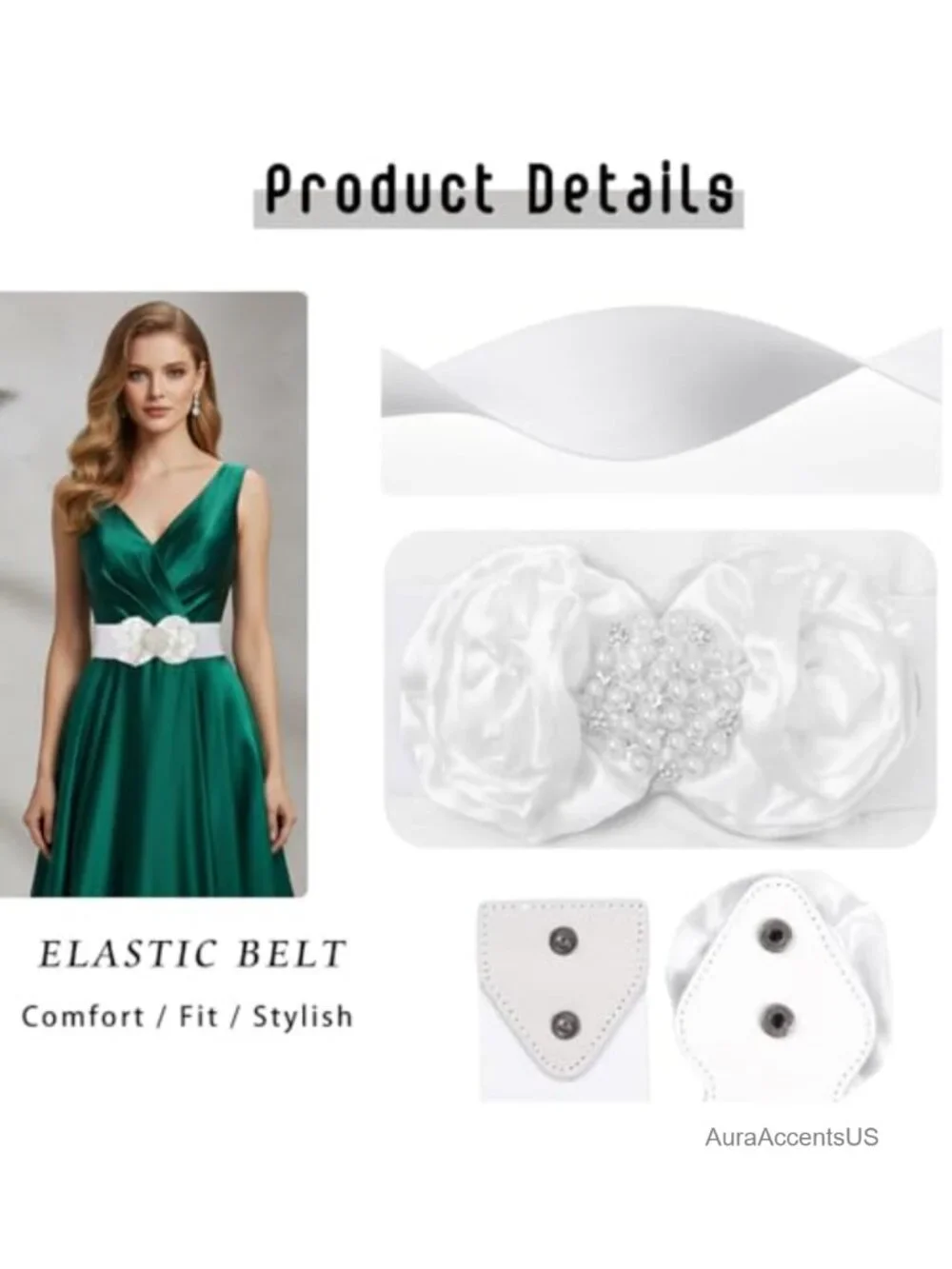 Wide Stretchy Belt with Pearl Flower Detail Elastic Formal Waist Belt